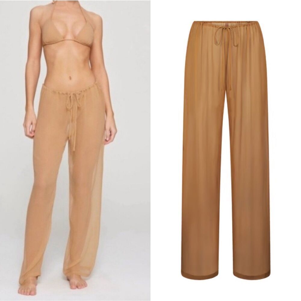 Skims Women Size 2X Ochre Crinkle Silk Sheer Wide Leg Pant Cover Up Beach Lounge